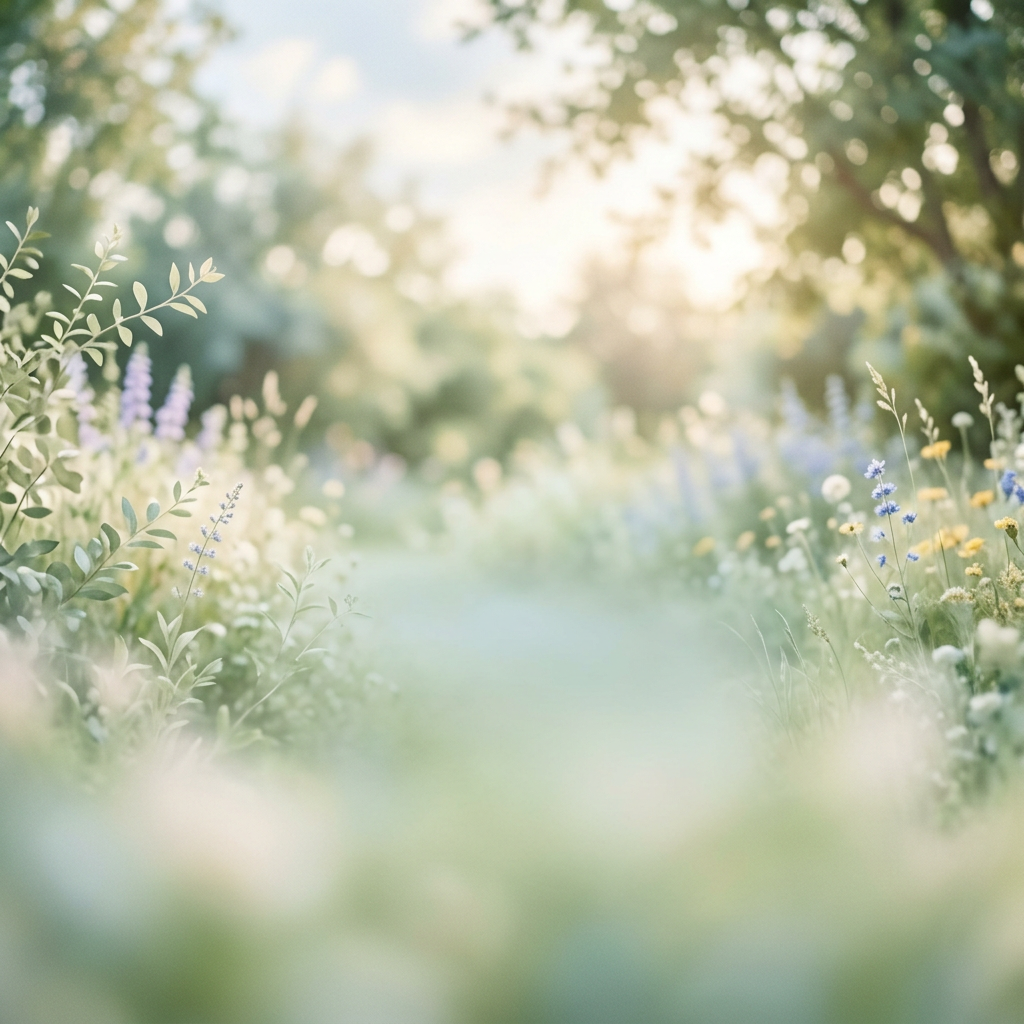 Pathway through a soft-focus meadow with wildflowers and greenery
