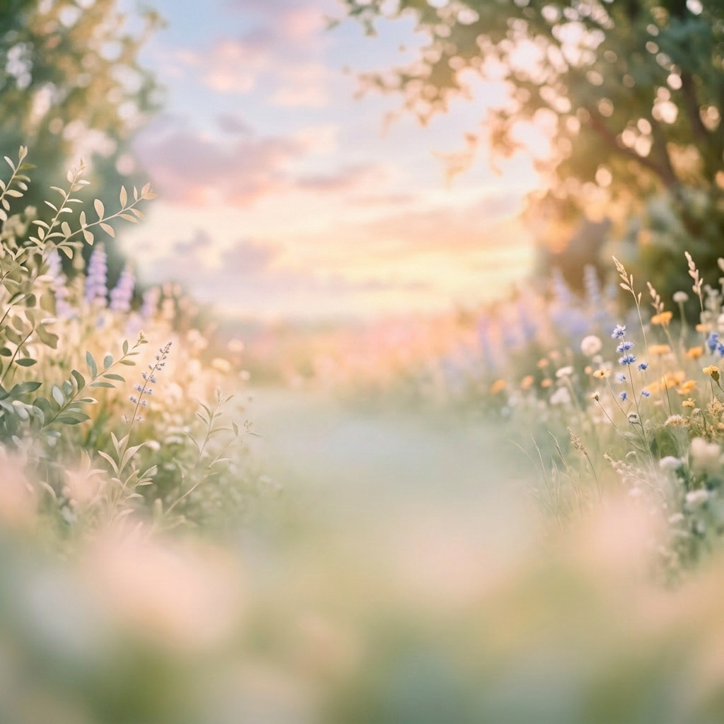 Pathway through a soft-focus meadow with wildflowers and greenery